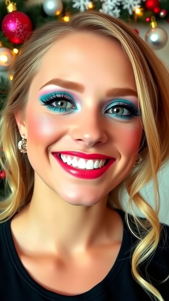 A model with 2000s inspired Christmas makeup, featuring colorful eyeshadow, highlighted cheeks, and glossy lips, set against a festive background.